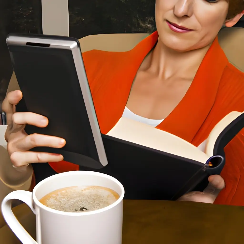 L'image représente une femme lisant un ebook sur une liseuse et un livre en papier dans l'autre main. Elle boit un café. Ca illustre mon article Comment lire un epub.