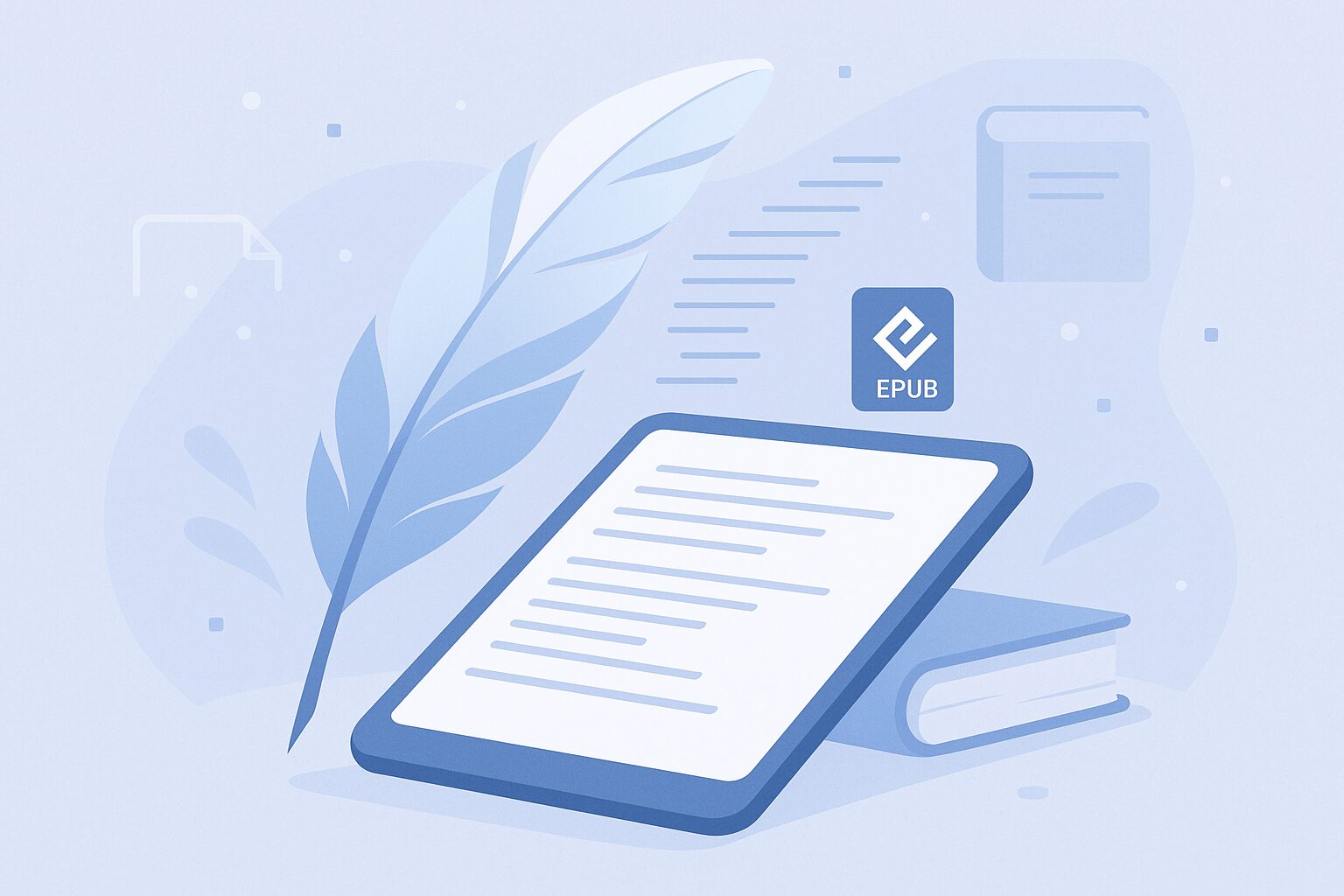 une plume et une liseuse avec le logo epub pour illustrer la création d ebook