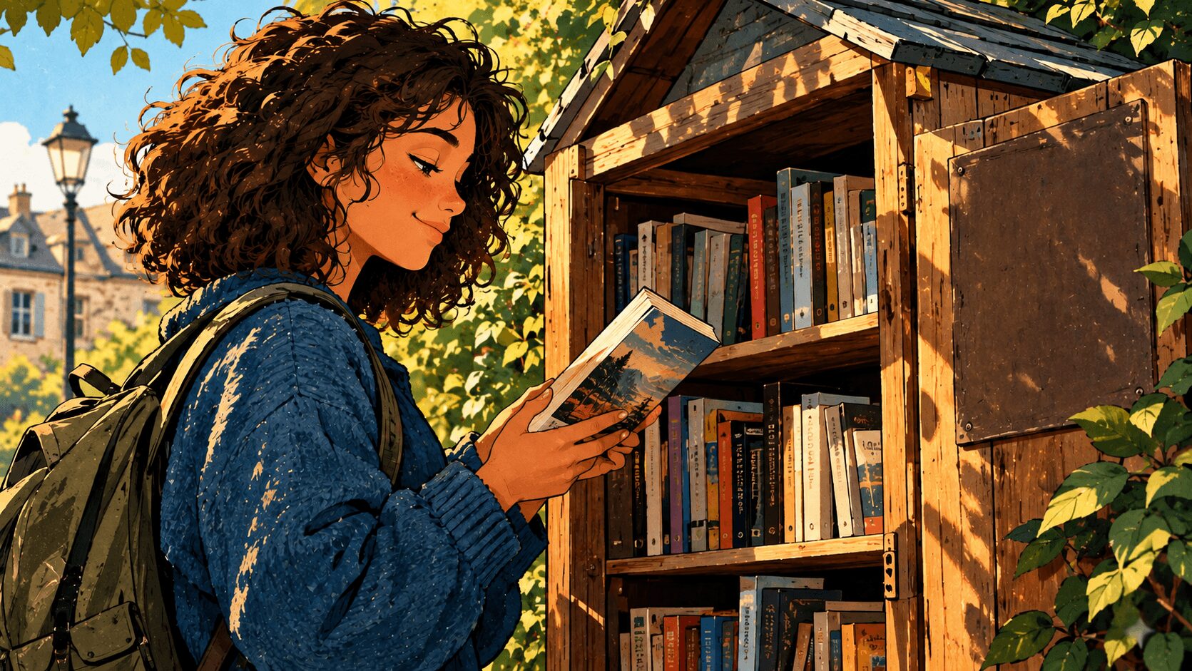 une fille cherchant un livre dans une cabane à livre
