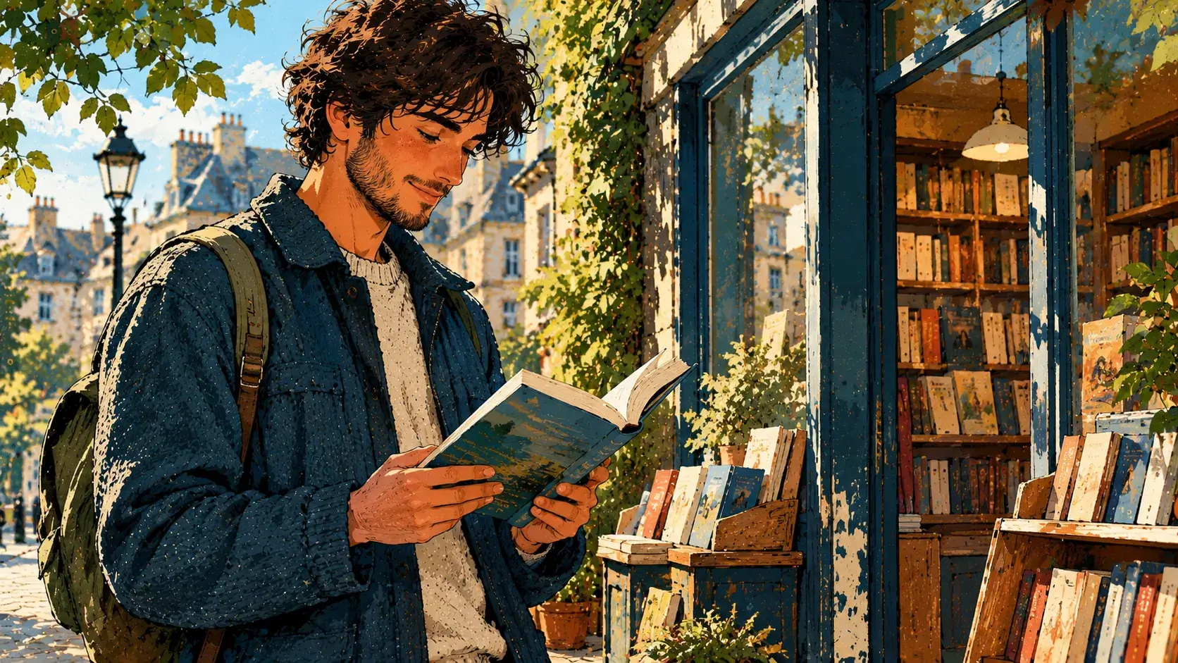 homme achetant livre devant librairie